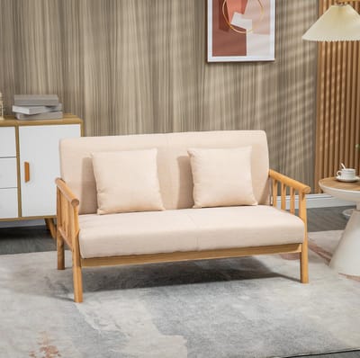 STILVORA Zitbank 2 Zits 123 Cm Met 2 Sierkussens En Houten Frame Linnenlook Voor Woonkamer En Slaapkamer Beige