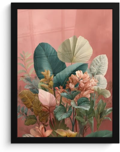 Poster in lijst - Fotolijst 30x40 cm - Posters - Tropische bladeren - Bloemen - Roze - groen - Posterlijst zwart - Decoratie - Wanddecoratie woonkamer - Muurdecoratie slaapkamer