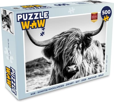 Puzzel Koe - Schotse hooglander - Zwart - Wit - Dier - Natuur - Wild - Legpuzzel - Puzzel 500 stukjes