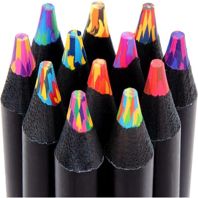 carmdering - Regenboog Potlood - 12 Stuks - Regenboogtekenpotlood – Multicolor Potloden voor Kinderen- Schetsen - Tekenen - Creatief bezig zijn - Knutselen - Doodling - Zwart