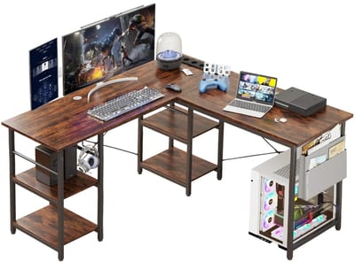 Bureau - Hoekbureau - L-Vorm - Bureau met legplanken - Werk/Game Bureau - Zwart/Bruin - Laptoptafel - Kantoor - Vintage - 140x230cm - Inc Powerstation