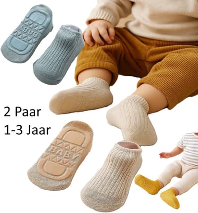 Antislip Babysokken – 2 Paar – Maat M (1–3 jaar) – Kids Floor Socks – Blauw & Geel – Zachte Katoenen Slofsokken – Voor Baby’s en Peuters