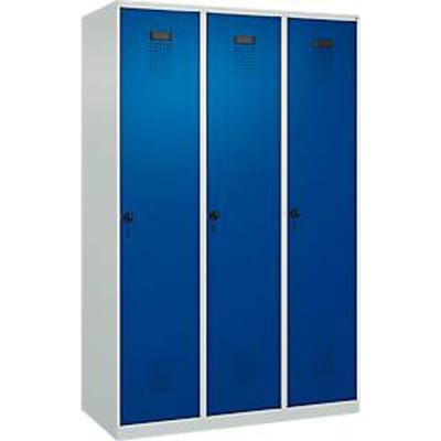 C+P Evolo Plus garderobekast, 3 vakken, 400 mm breed, draaigrendel, soft-close, B 1.200 x D 500 x H 1.850 m, lichtgrijs/gentiaanblauw