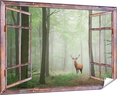 Gards Tuinposter Doorkijk Hert in Bos - 180x120 cm - Tuindoek - Tuindecoratie - Wanddecoratie buiten - Tuinschilderij