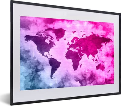 Poster in lijst - Fotolijst 60x40 cm - Posters - Wereldkaart - Blauw - Roze - Posterlijst zwart - Decoratie - Wanddecoratie woonkamer - Muurdecoratie slaapkamer