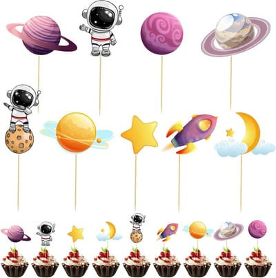 36 Stuks Ruimte Astronaut Cupcake Toppers, Makkelijk Te Installeren Decoraties voor Verjaardagsfeestjes, Ruimtevaart Thema, Sterren en Planeten Versiering