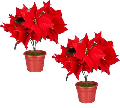 Kunstplant Kerstster - 2x - Poinsettia - rood - H30 cm - nepplant - kerstplant - kamerplant