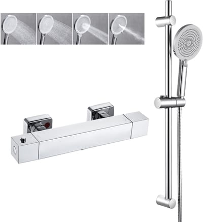 Auralum Max Doucheset - Chroom - Thermostatische Douchekraan - 15 cm Hartafstand - Handdouche met 4 Functie - 70 cm Glijstang - Regendouche Chroom
