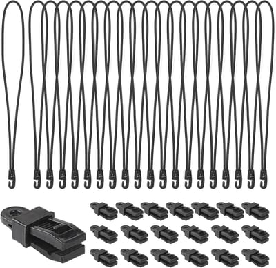 Pack van 20 Rubber Bands met Haken en Tarpaulin Clips - Perfect voor Tent, Camping, Banners en Outdoor Activiteiten