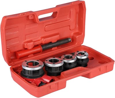 Complete Set voor Handmatig Pijpen en Draad Snijden met 4 Snijmessen, Stalen Handvat en Compacte Ratchetkop voor Loodgieterswerkzaamheden