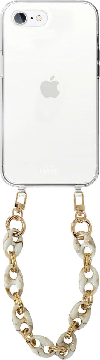 xoxo Wildhearts silicone case met koord - Transparant telefoonhoesje met koord - telefoonketting - Marble Creme - Kort koord - Cord Case - geschikt voor Apple iPhone 7/8 Plus hoesje - Ketting met marmere look - marmer - creme / beige