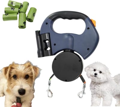 Hondenriem-hondenriem 3 meter-Wordt geleverd met zes poepzakjes -Reflecterende intrekbare hondenriem - Kan twee honden tegelijk uitlaten - Automatisch ontwarrende hondenriem - Ingebouwde opbergruimte voor poepzakjes - Nachtlampje(blauw-20*19）