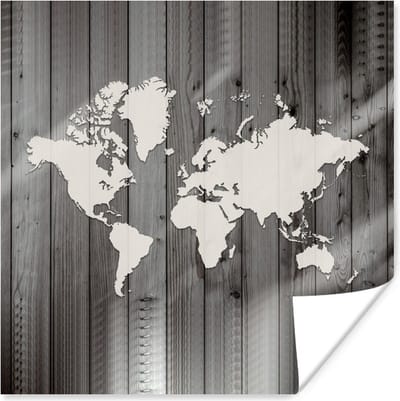 Poster 30x30 cm - Wereldkaart - Hout - Zwart - Wit - Posters - Kamer decoratie - Wanddecoratie woonkamer - Muurdecoratie slaapkamer