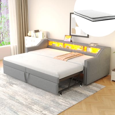 COVREO Slaapbank met uitziehbare bedbodem en opbergruimte – 90/180 x 200 cm – Bedbank met LED-verlichting en USB-poort – voor woonkamer en logeerkamer – Lichtgrijs - met matras