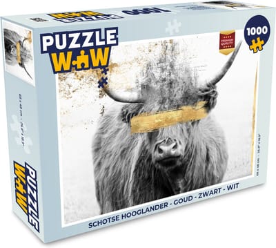 Puzzel Schotse hooglander - Goud - Zwart - Wit - Legpuzzel - Puzzel 1000 stukjes volwassenen