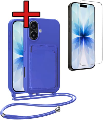Hoesje Geschikt voor iPhone 17 Hoesje Met Telefoonkoord en Pasjeshouder Met Screenprotector Siliconen - Hoes Geschikt voor iPhone 17 Hoesje Met Kaarthouder Case - Felblauw