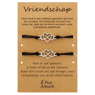 Vriendschapsarmbandjes voor 2 met Oneindigheidsteken & Hartje - Zilverkleurig - Elastisch verstelbaar - Vriendschap Cadeau - Pax Amare