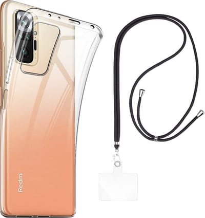 Set met hoesje en nekband voor xiaomi redmi note 10 pro - Flexibele, transparante TPU-bescherming, verstelbare universele nekband voor mobiele telefoons, zwarte nekband, transparante draagriem van Phonillico®