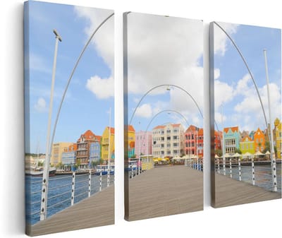Artaza Canvas Schilderij Drieluik Willemstad Gekleurde Huisjes in Curaçao - 120x80 - Foto Op Canvas - Canvas Print