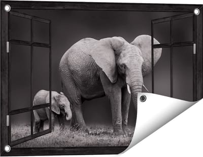 Gards Tuinposter Doorkijk Olifant Moeder en Zoon - Zwart Wit - 60x40 cm - Tuindoek - Tuindecoratie - Wanddecoratie buiten - Tuinschilderij