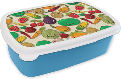 Broodtrommel Blauw - Lunchbox - Brooddoos - Kawaii - Patronen - Groente - Fruit - 18x12x6 cm - Kinderen - Jongen