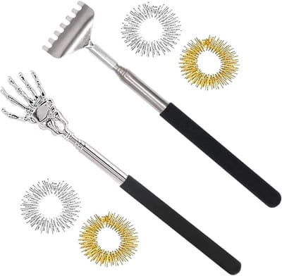 2 Stuks Roestvrijstalen Rugkrabber en 4 Stuks Massageringen voor Vinger, Telescopische Rugkrabber, Draagbare Uitschuifbare Rugmassageapparaat