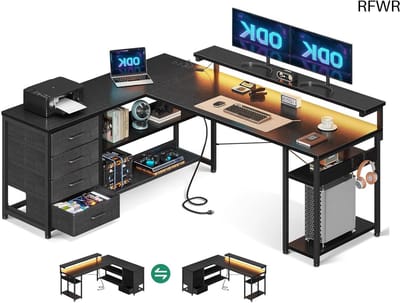 RFWR® Hoekbureau met Laden en Geïntegreerde Stopcontacten - Bureau met USB-Oplaadpoorten en LED-Verlichting - Ideaal voor Thuiswerk en Gaming