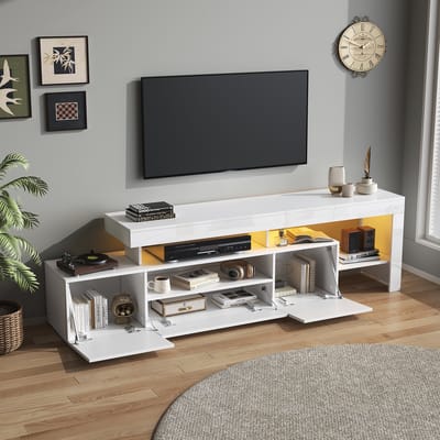 MODENUIT Tv-Meubel - Met LED, 3 Klepdeuren En Open Vakken - Voor Woonkamer - Spaanplaat Wit - 192x37x53 Cm