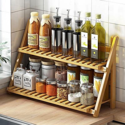 SnelShoppen - Keukenopbergrek 2 Laags Multifunctioneel Kruidenrek van Bamboe Hout - Moderne en Eenvoudige Keukenaccessoire - Ideaal voor Kruidenset, K