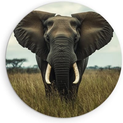 Saammp Muurcirkel Hout - Olifant in hoog gras - Afrika - Dieren - Ø 90 - Wandcirkel - Wanddecoratie Cirkel - muurdecoratie Woonkamer - Slaapkamer decoratie - Rond Schilderij