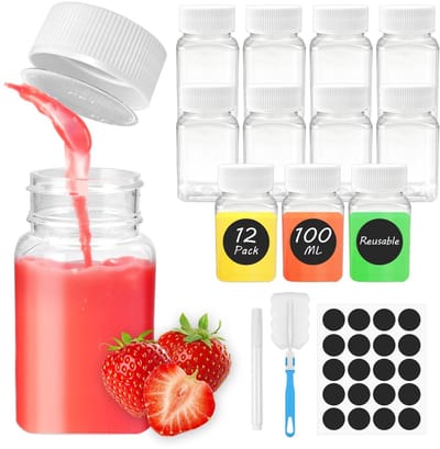 Dailygoods- Shotflessen 60 ml/100 ml - Kleine Flesjes - Plastic Flesjes - Herbruikbaar - Lekvrij - 12 Stuks met Stickers