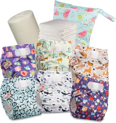 Littles & Bloomz Wasbare Luiers – Pocketluiers voor Stoffen Luiers met Klittenbandsluiting, 6 Luiers + 6 Inleggers, Bamboe Inlegvellen & Natte Luierzak, 605VM6