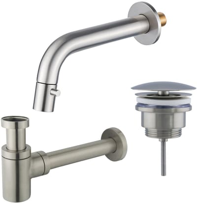 FugaFlow Eccelente Acces Fonteinkraanset - inbouw - uitloop 18cm - inkortbaar - sifon - always open plug - Geborsteld RVS PVD (RVS)
