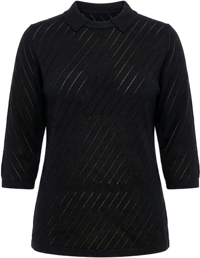 Ulla Popken - Dames - Trui gestreepte structuur ronde hals polokraag - Zwart - Maat 42+