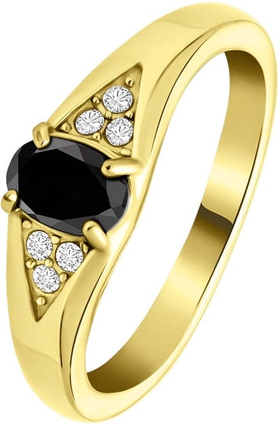 Lucardi Dames vintage ring met zwarte zirkonia – Maat 53 – 17mm - Ring - Cadeau - Staal goldplated - Goudkleurig