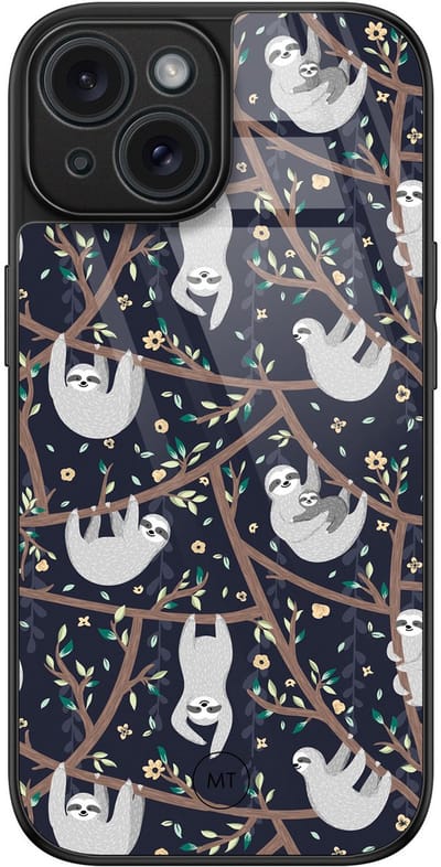 Hoesje geschikt voor iPhone 15 - Luiaard print - Luxe Hard Case - Print - Blauw - Mooie Telefoonhoesjes