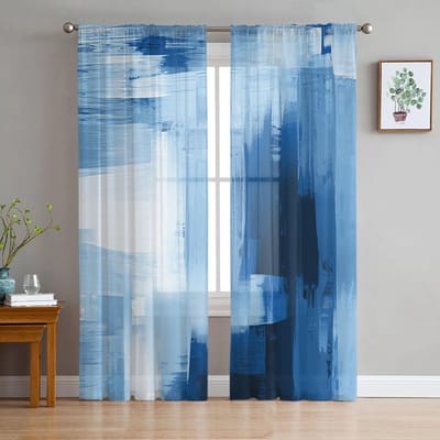 Blauw Abstract Schilderij Slaapkamer Transparante Dunne Gordijnen Vakantiedecoratie Raam Voile Tule Gordijn 135W x 274H(cm)