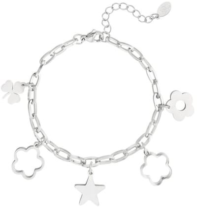 Joy Ibiza - bloem klaver ster bedel armband - paperclip schakel - boho - bohemian style - stainless steel