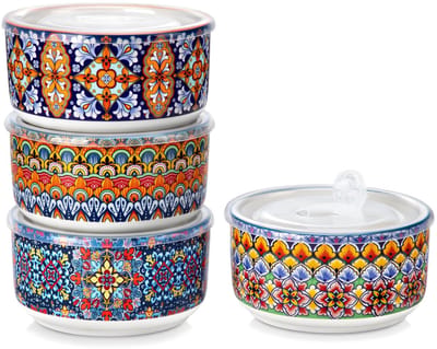 Dailygoods- Opbergkommen 1300ml - Set van 4 - Luchtdichte Deksel - Keramisch - Voedselopslag - Geschikt voor Magnetron
