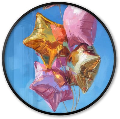 Poster in lijst Rond - Fotolijst 60x60 cm - Posters - Ballonnen - Goud - Stervorm - Roze - Ronde posterlijst zwart - Decoratie - Wanddecoratie woonkamer - Muurdecoratie slaapkamer