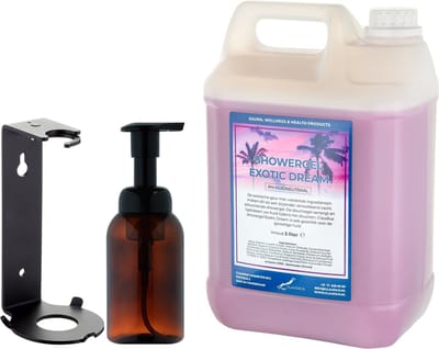 Zeepdispenser 300 ml amber bruin hervulbaar + 5 liter Showergel Exotic Dream navulling (inclusief beugel)