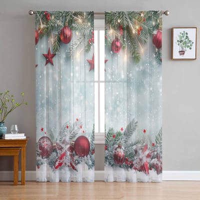 Kerst Sneeuwvlokken Dennenappeltakken Kerstballen Transparante Gordijnen Kamerdecoratie Raamgordijnen Keuken Tule Voile Gordijnen W135 x H115cm x1 gray
