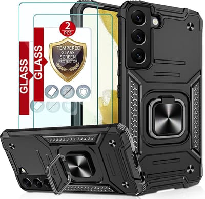 Hoesje Geschikt Voor Samsung Galaxy S22 Plus Hoesje Heavy Duty Armor Hoesje Zwart - Galaxy S22 Plus hoesje Kickstand Ring cover met Magnetisch Auto Mount - Hoesje Geschikt Voor Samsung Galaxy S22 Plus screenprotector 2 pack