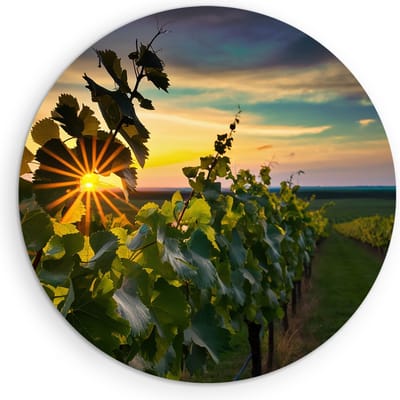 Saammp Muurcirkel Hout - Wijngaarde met zonsondergang - Natuur - Landschap - Ø 90 - Wandcirkel - Wanddecoratie Cirkel - Muurdecoratie Woonkamer - Slaapkamer decoratie - Rond Schilderij