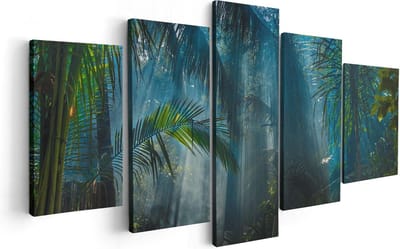 Artaza Canvas Schilderij Vijfluik Dichtbegroeide Jungle Met Zonnestralen  - 100x50 - Foto Op Canvas - Canvas Print