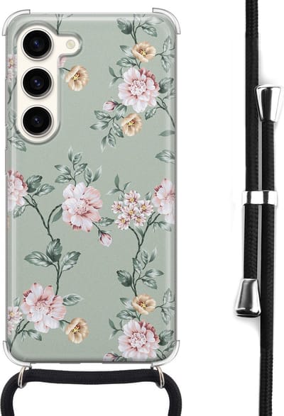 Hoesje met koord - Geschikt voor Samsung Galaxy S23 - Bloemetjes - Verstelbaar zwart koord - Crossbody - Bloemen - Transparant, Groen - Leuke Telefoonhoesjes