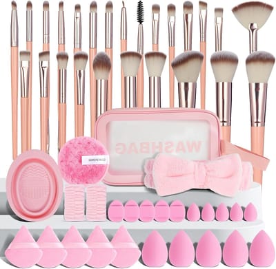 Professionele make-up borstelset van 51 stuks, hoogwaardig synthetisch, zacht en comfortabel voor gezichtsmake-up, roze kleur