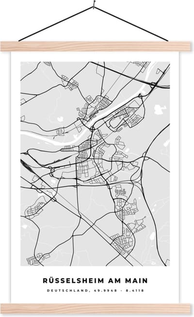 Posterhanger incl. Poster 40x60 cm - Schoolplaat - Duitsland - Rüsselsheim Am Main - Kaart - Stadskaart - Plattegrond - Textielposter - Blanke latten - Stadskaart
