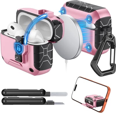 AirPods Pro 3 Hoes met MagSafe, Veiligheidslock en Telefoonstand, Volledige Bescherming met Schoonmaakset, Roze, Geschikt voor 3e Generatie