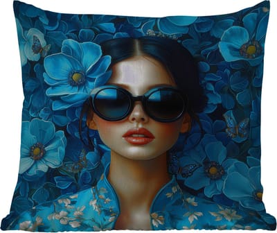 Tuinkussen - Vrouw - Bloemen - Blauw - Aesthetic - Luxe - 40x40 cm - Weerbestendig